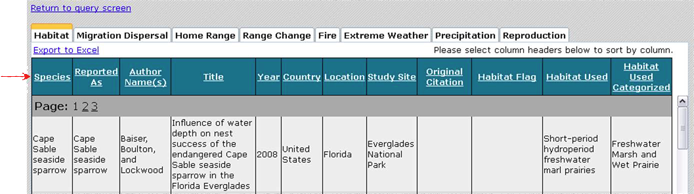 Screen Capture showing clickable column headers for sorting